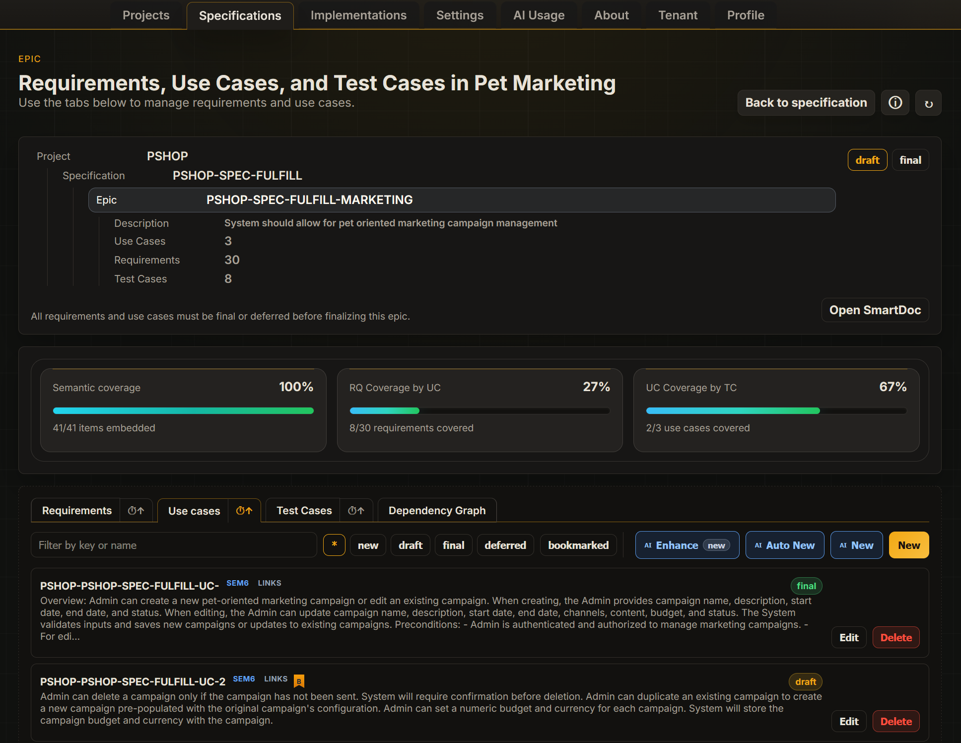 AIKOZO epic workspace showing requirements, use cases, test cases, coverage, and traceability context
