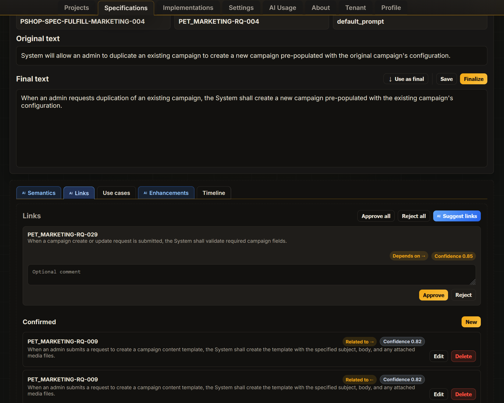 AIKOZO link review showing suggested relationships ready for approval or rejection